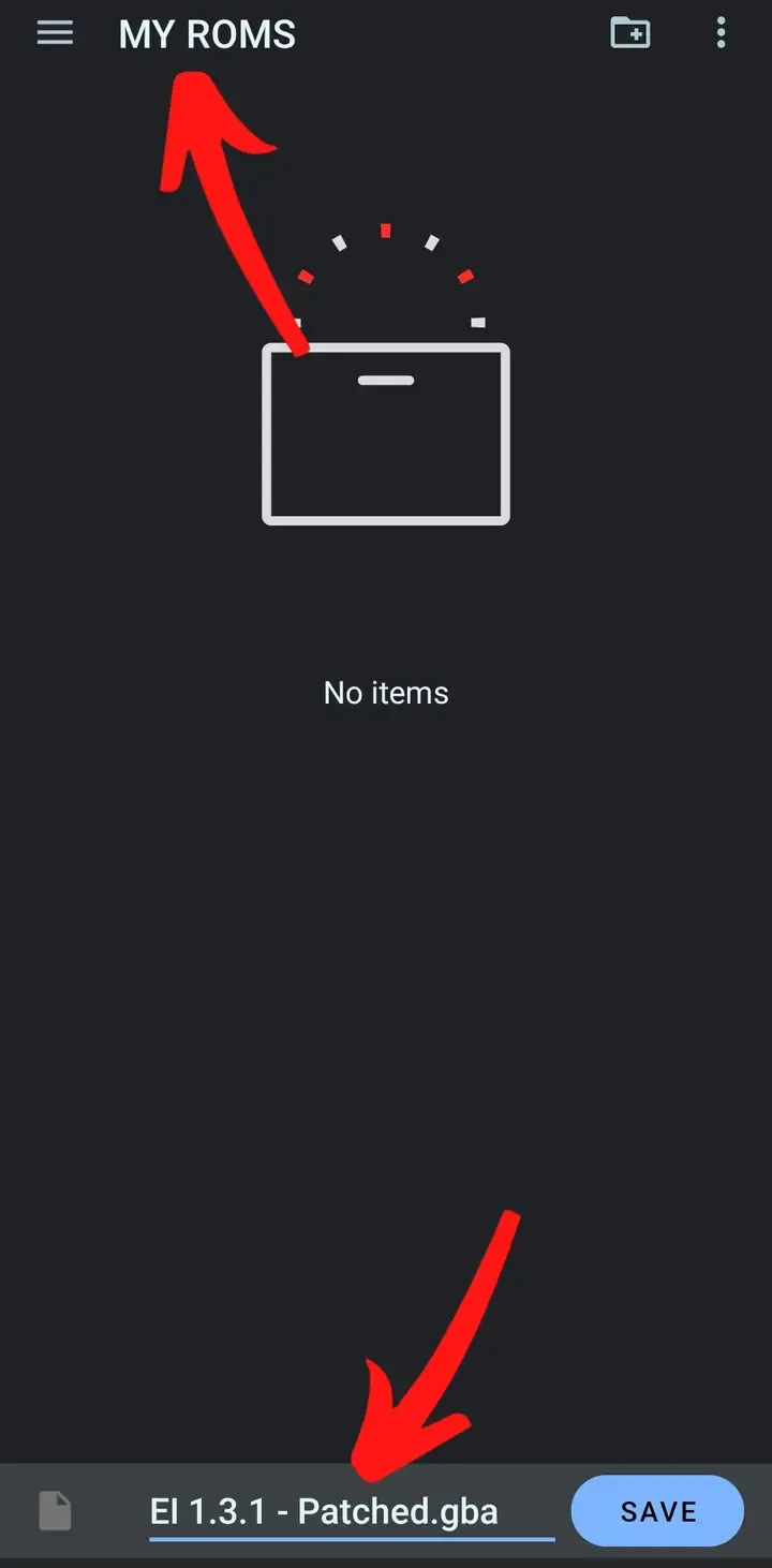 Android save dialog with a custom dot gba filename and the Save button marked