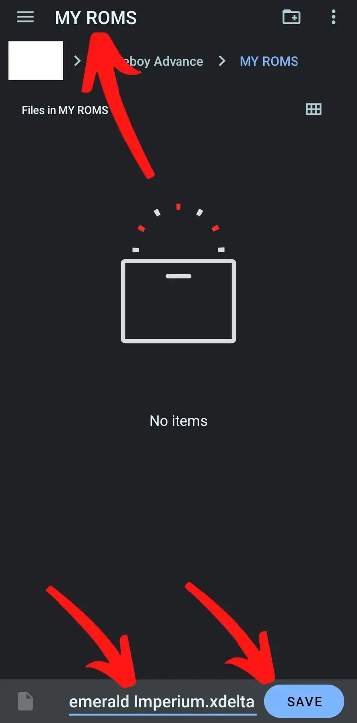 Android save dialog showing an XDelta filename and the Save button marked