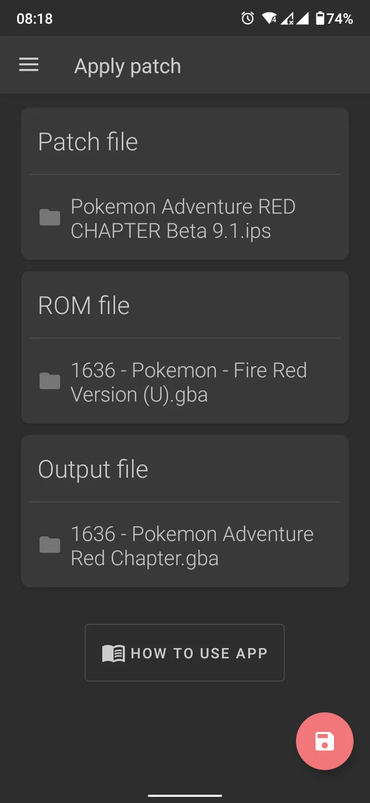 UniPatcher screen with patch file, ROM file and output file selectors