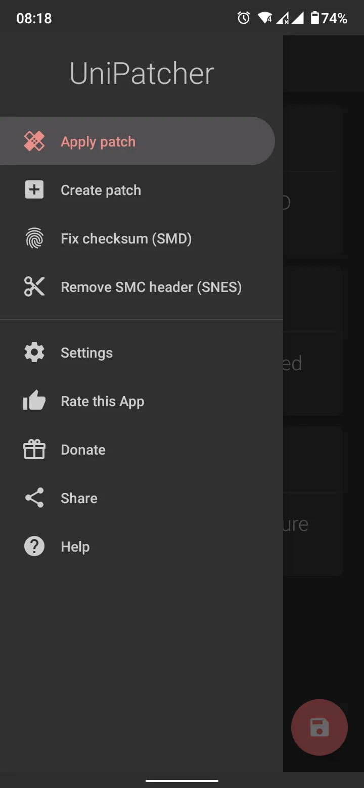 UniPatcher navigation showing patching and ROM utility tools
