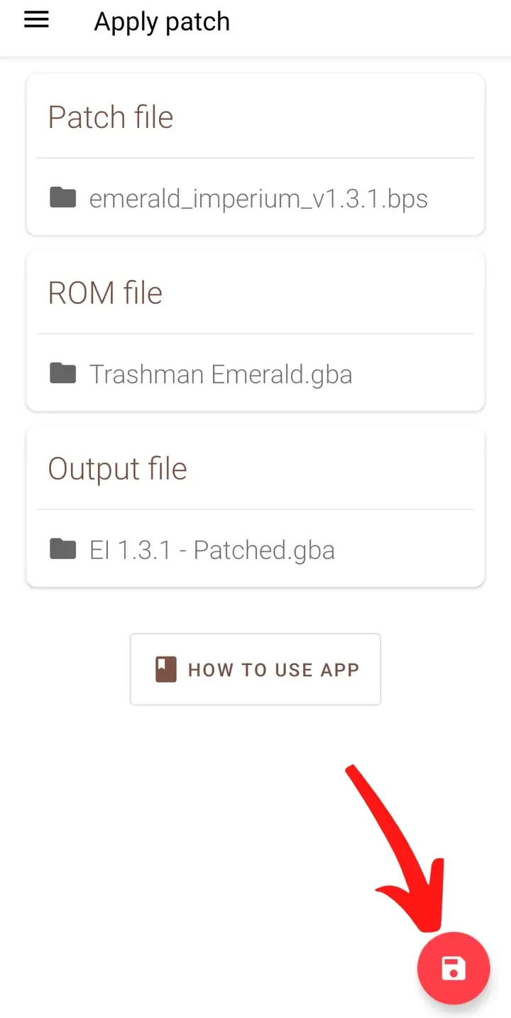 UniPatcher Apply patch screen with all three files selected and the red action button marked