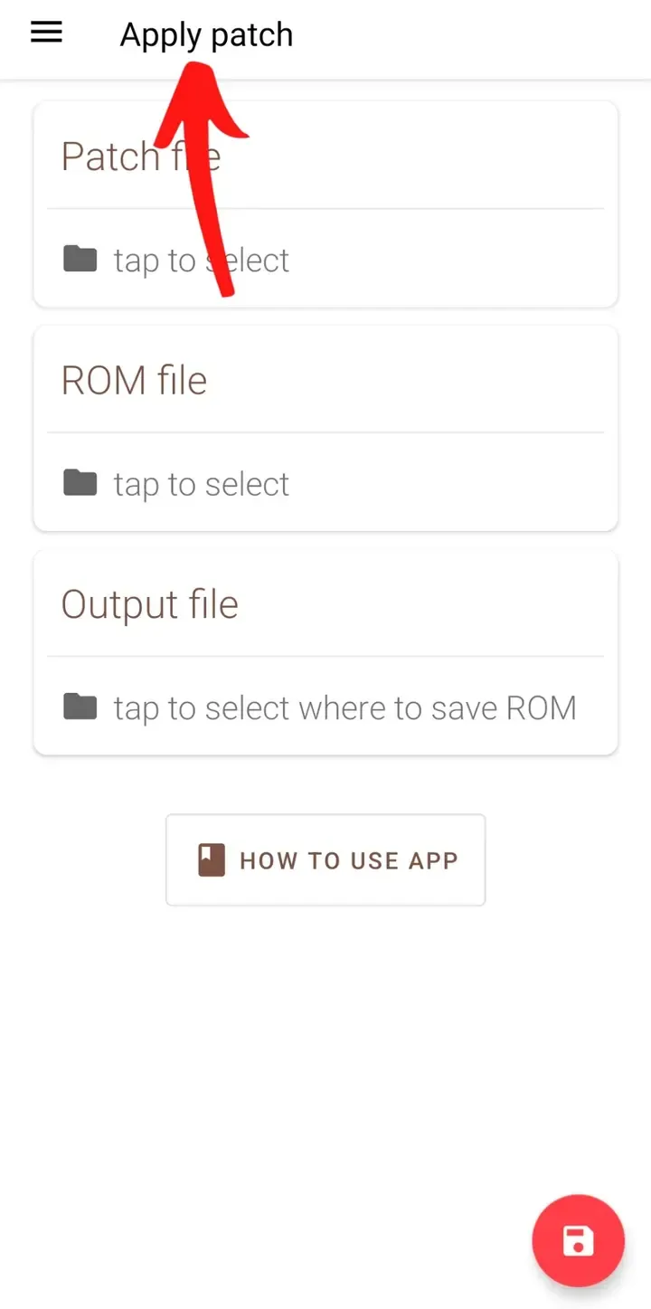 UniPatcher screen with a red arrow pointing to the Apply patch heading