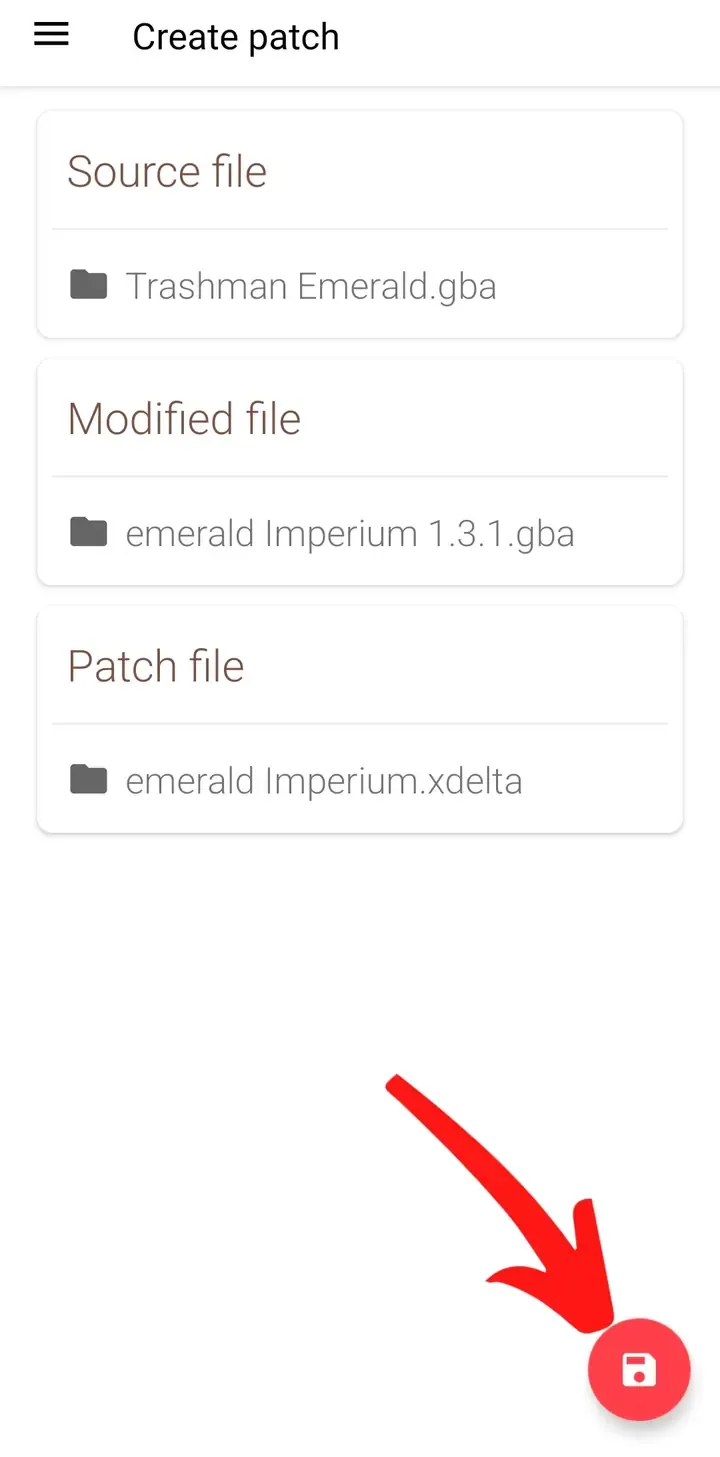 UniPatcher Create patch screen with all files selected and the red action button marked
