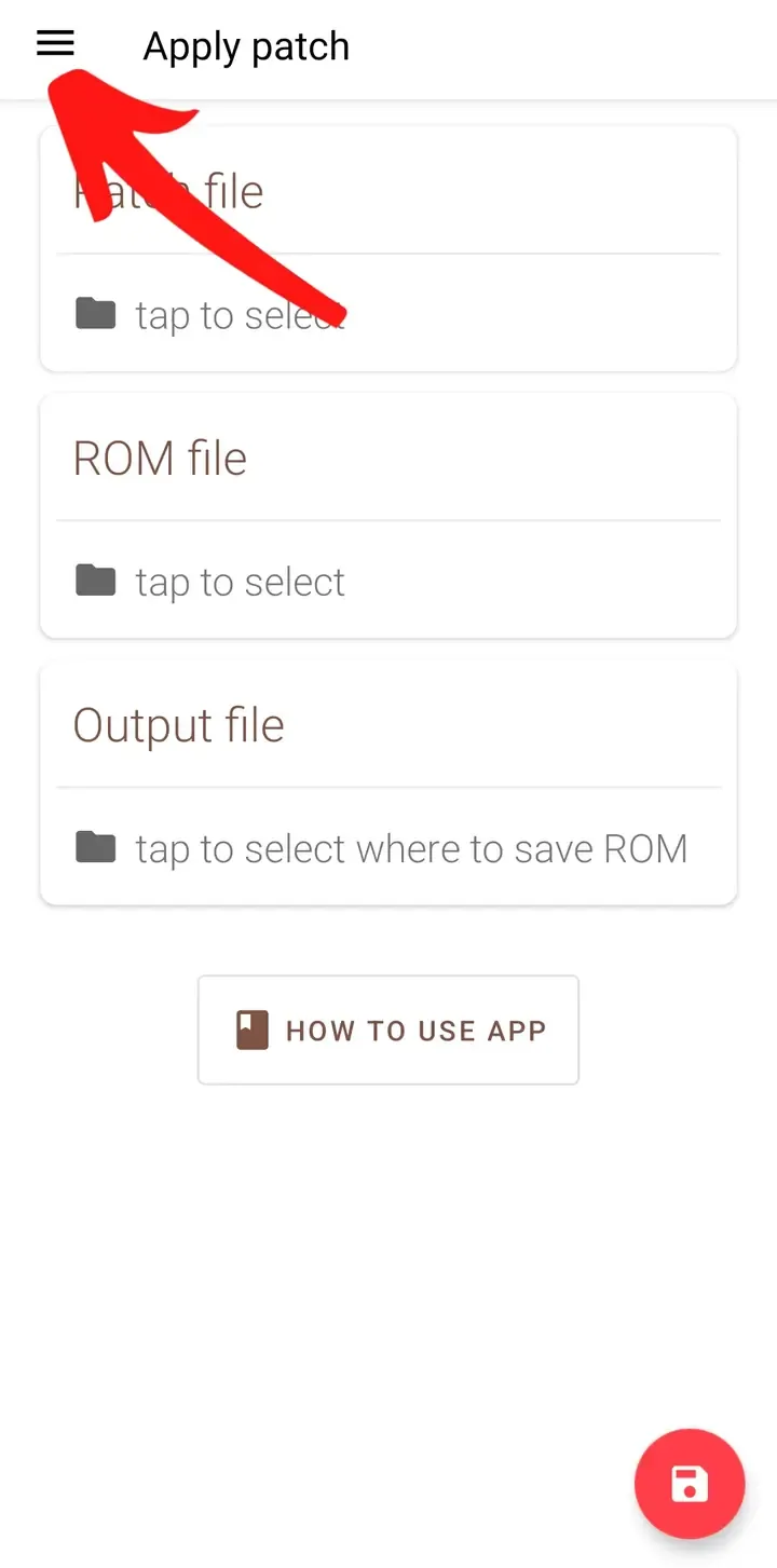 UniPatcher Apply patch screen with the upper-left menu icon marked by a red arrow