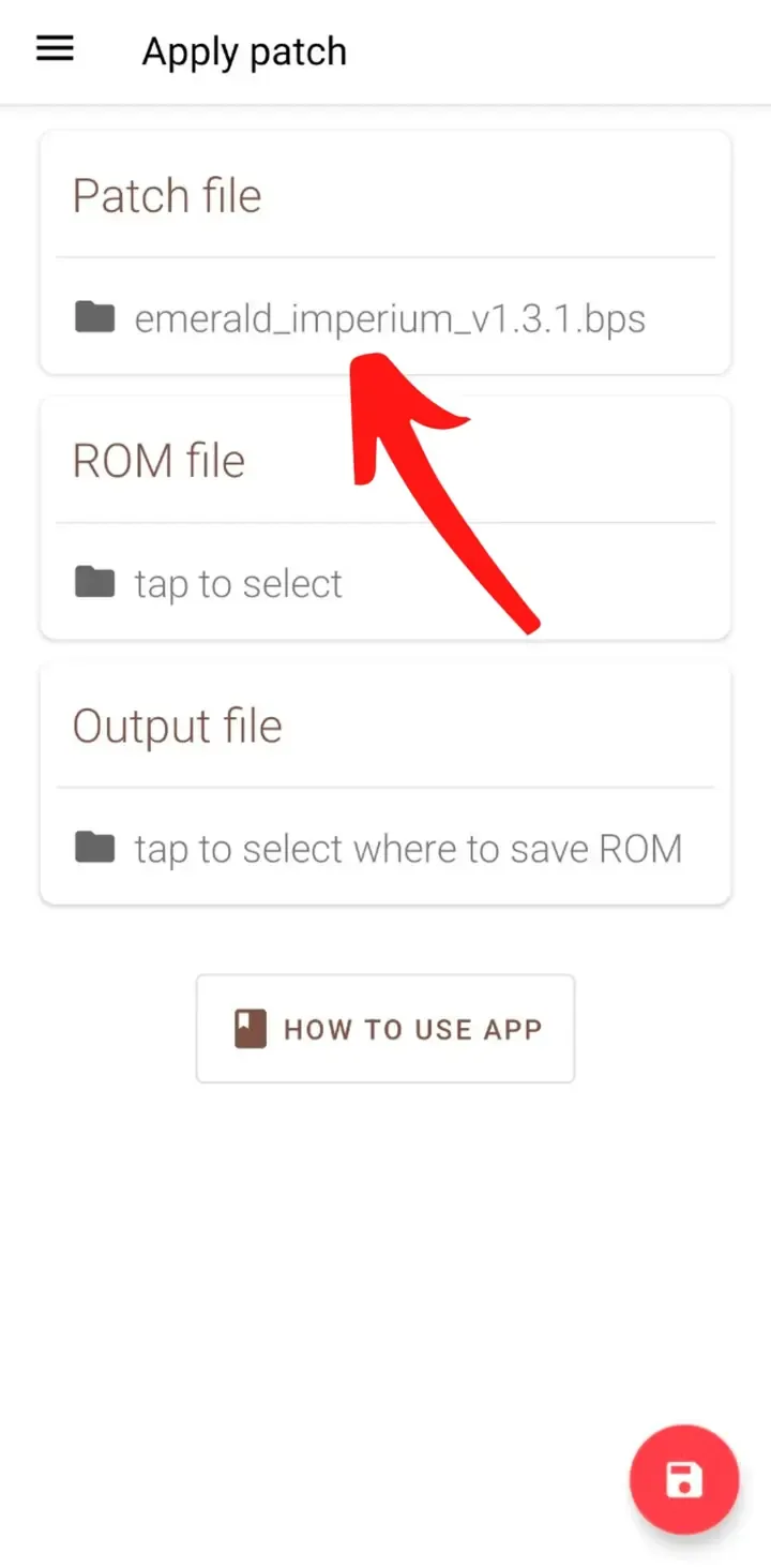 UniPatcher Apply patch screen showing a BPS filename selected under Patch file