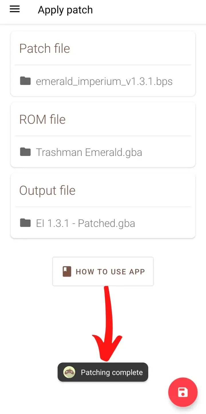 UniPatcher notification reading Patching complete after applying the patch