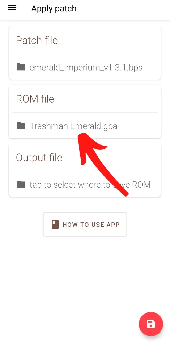 UniPatcher Apply patch screen showing Trashman Emerald dot gba selected as the ROM file