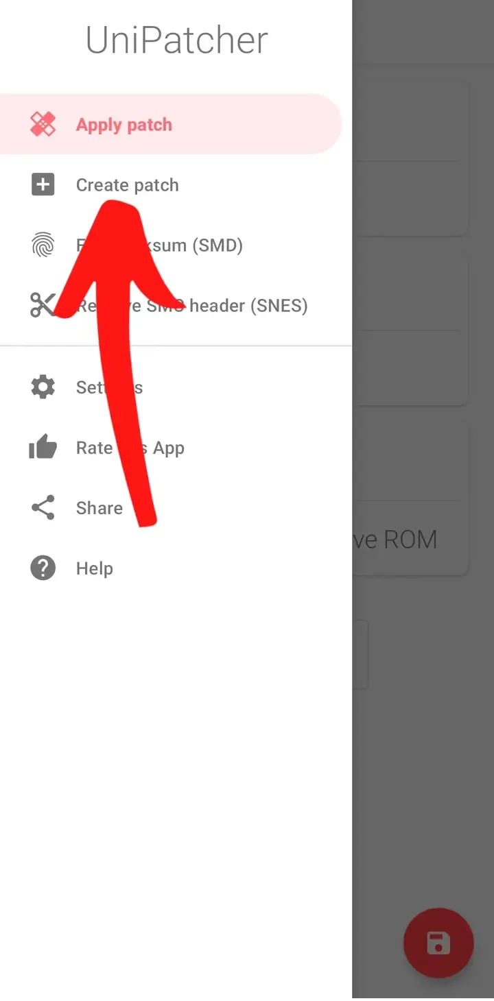 UniPatcher navigation drawer with Create patch marked by a red arrow