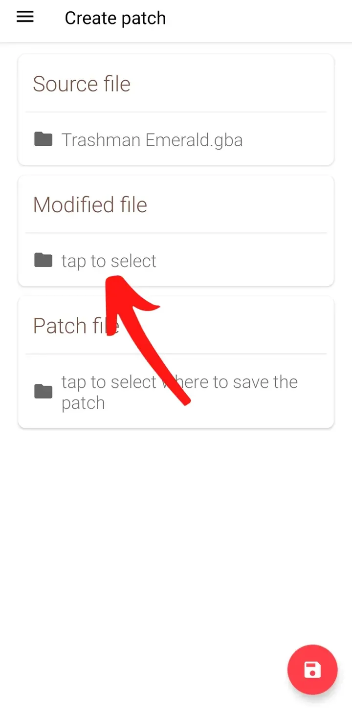 UniPatcher Create patch screen with the Modified file selector marked