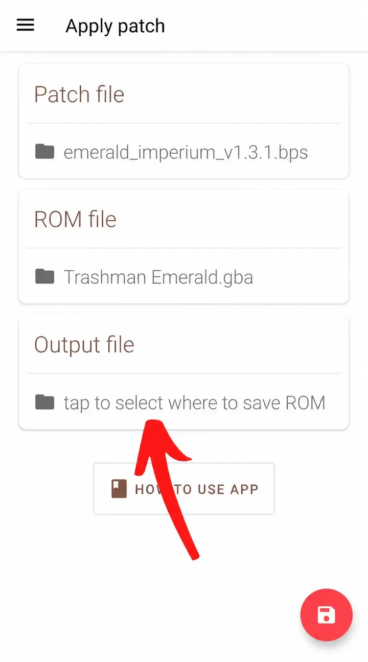 UniPatcher Apply patch screen with tap to select where to save ROM marked by a red arrow