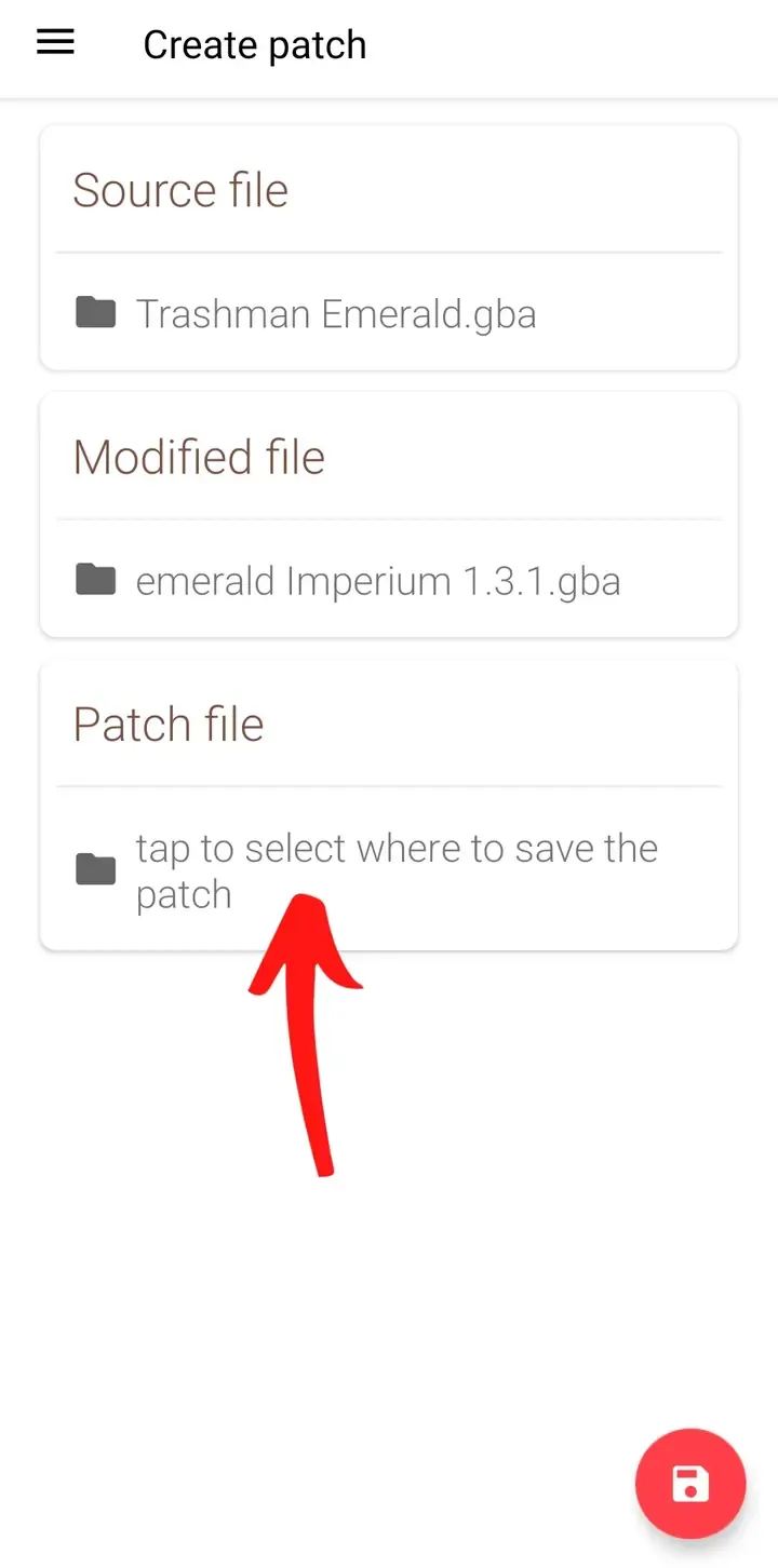 UniPatcher Create patch screen with the Patch file destination selector marked