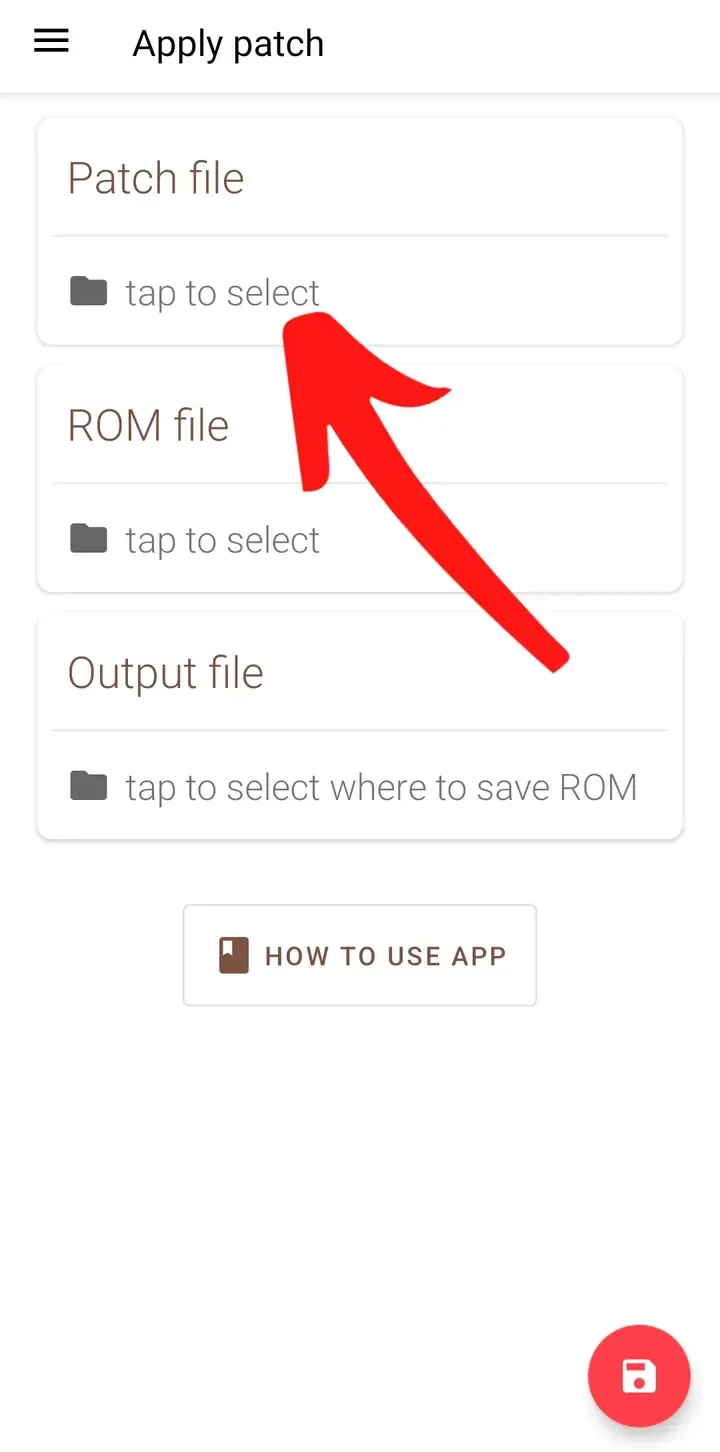 UniPatcher Apply patch screen with tap to select under Patch file marked by a red arrow