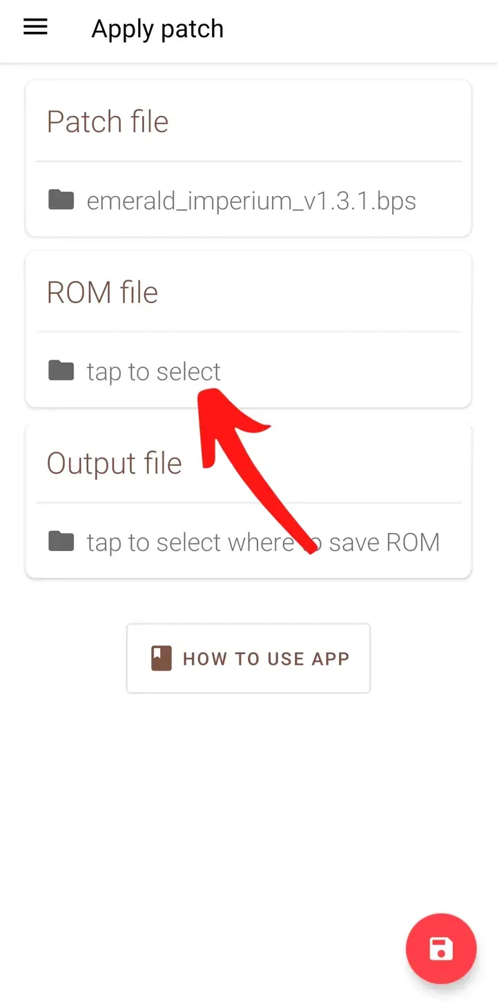 UniPatcher Apply patch screen with the ROM file selector marked by a red arrow