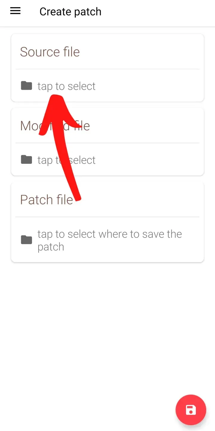 UniPatcher Create patch screen with the Source file selector marked