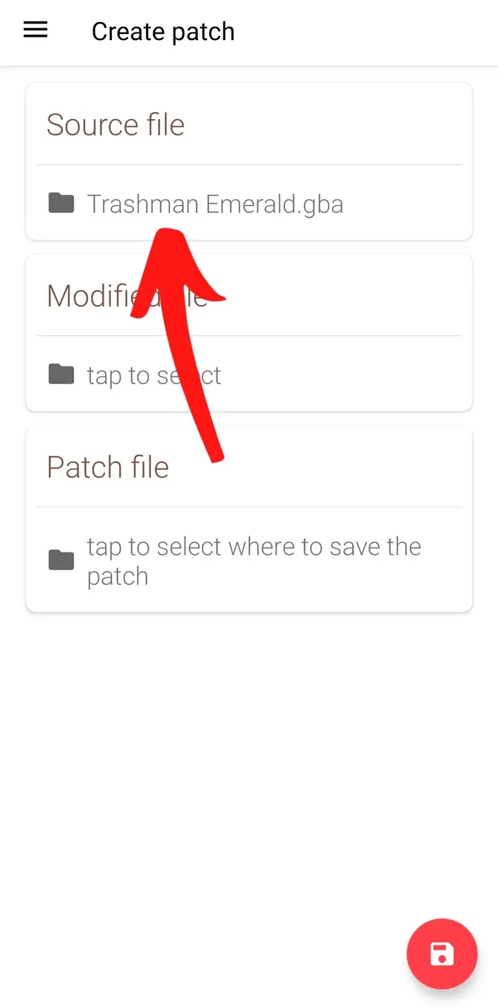 UniPatcher Create patch screen showing Trashman Emerald dot gba selected as the source